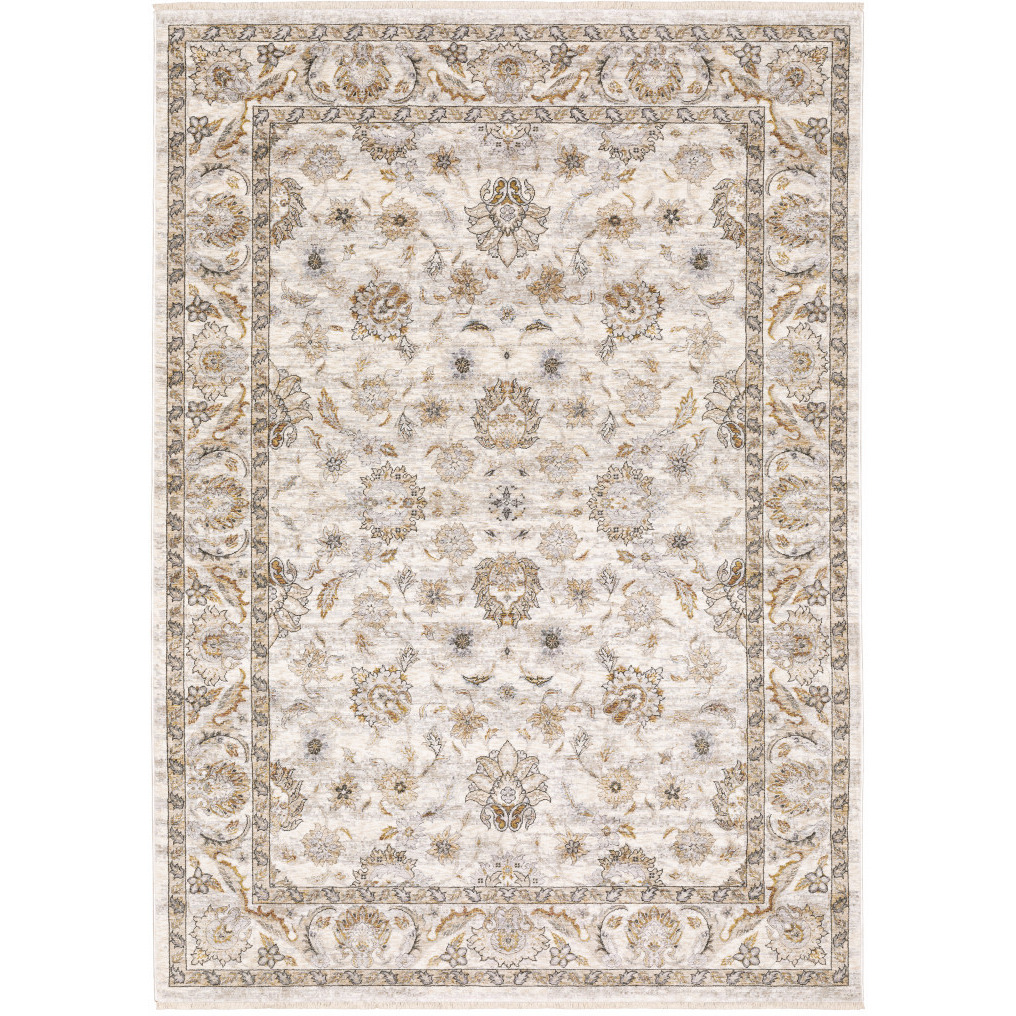 2 X 3 Ivory And grey Oriental Power Loom Stain Resistant Area Rug With Fringe