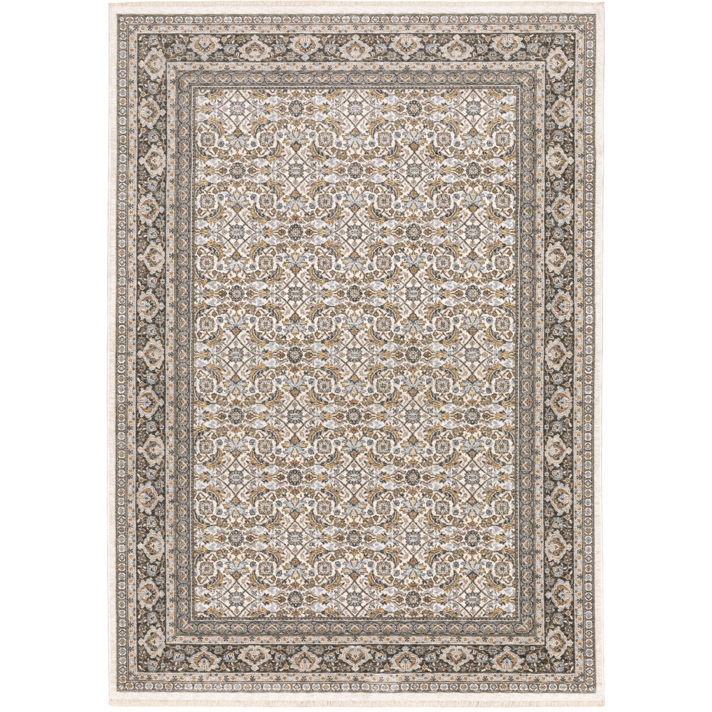 2 X 3 Ivory And grey Oriental Power Loom Stain Resistant Area Rug With Fringe