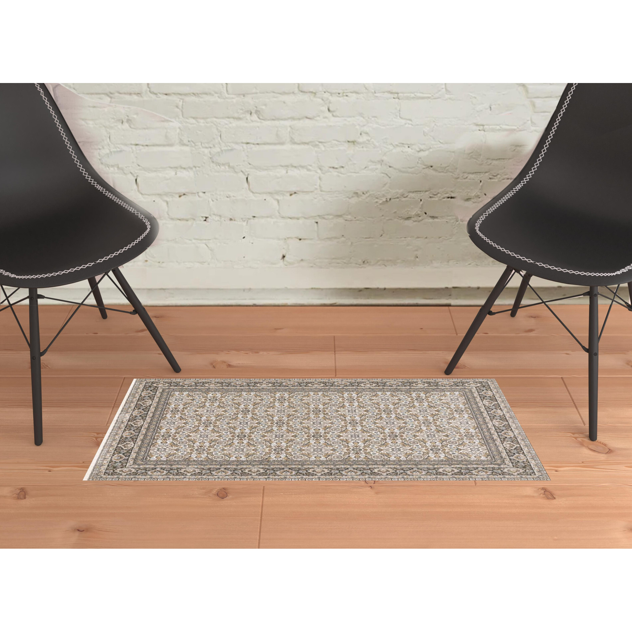 2 X 3 Ivory And grey Oriental Power Loom Stain Resistant Area Rug With Fringe