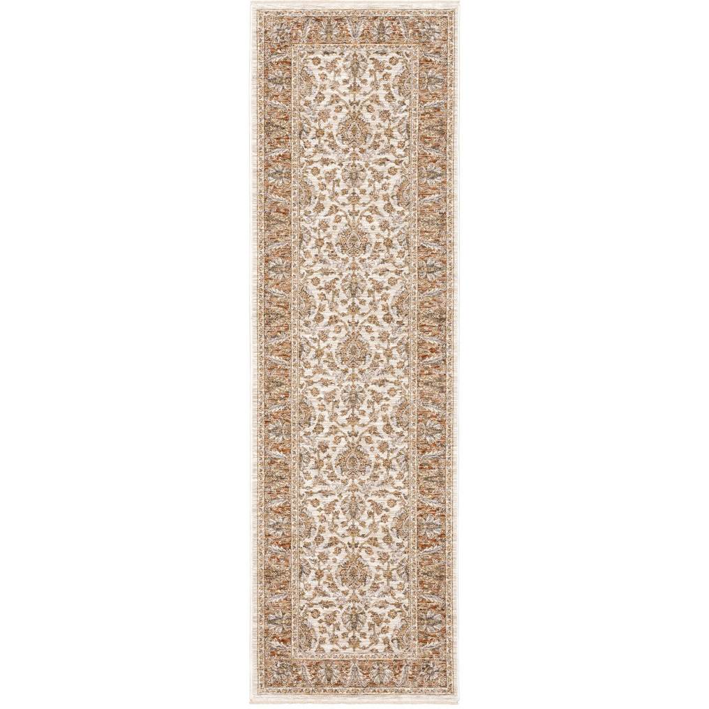 2 X 8 Rust And Ivory Oriental Power Loom Stain Resistant Runner Rug With Fringe
