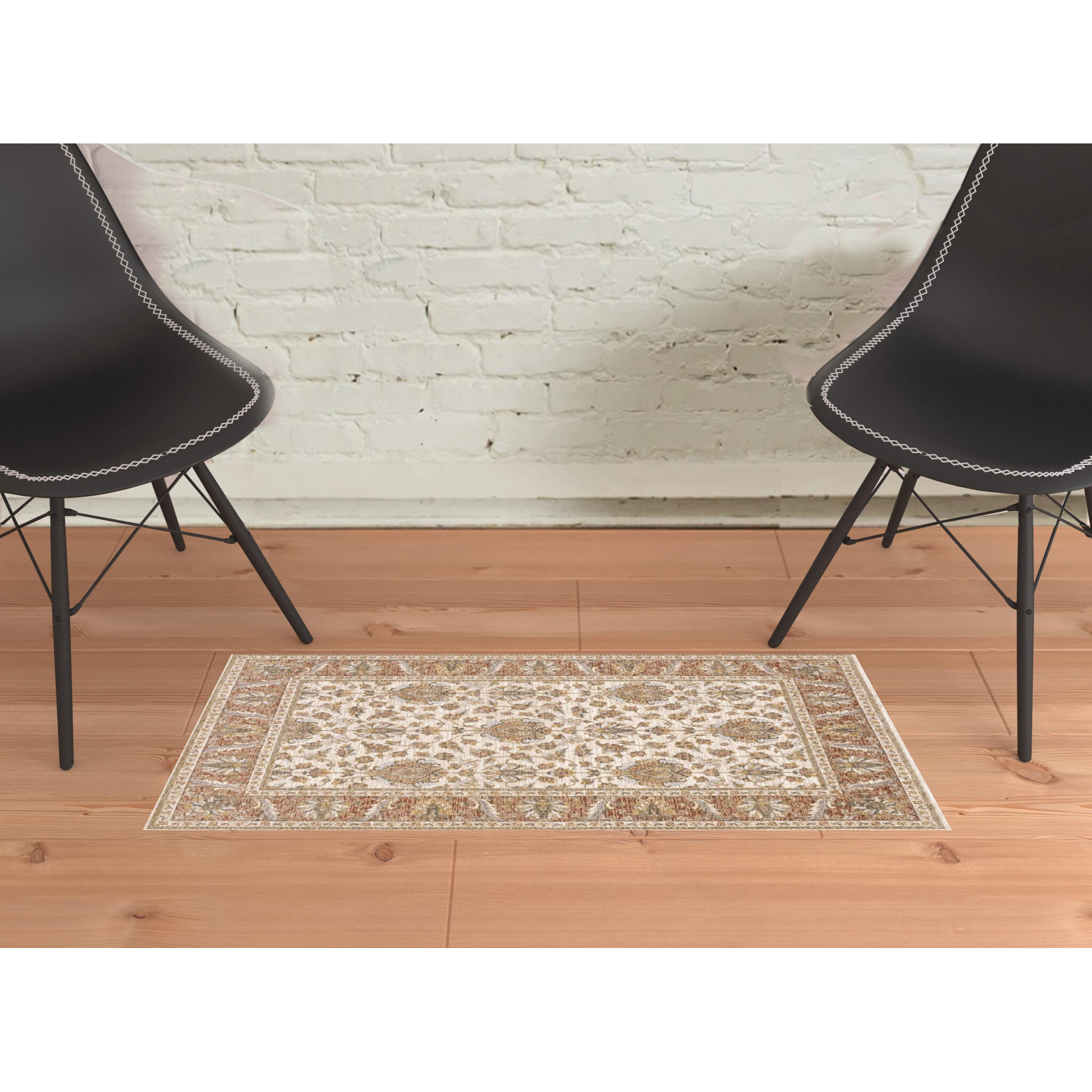 2 X 3 Rust And Ivory Oriental Power Loom Stain Resistant Area Rug With Fringe