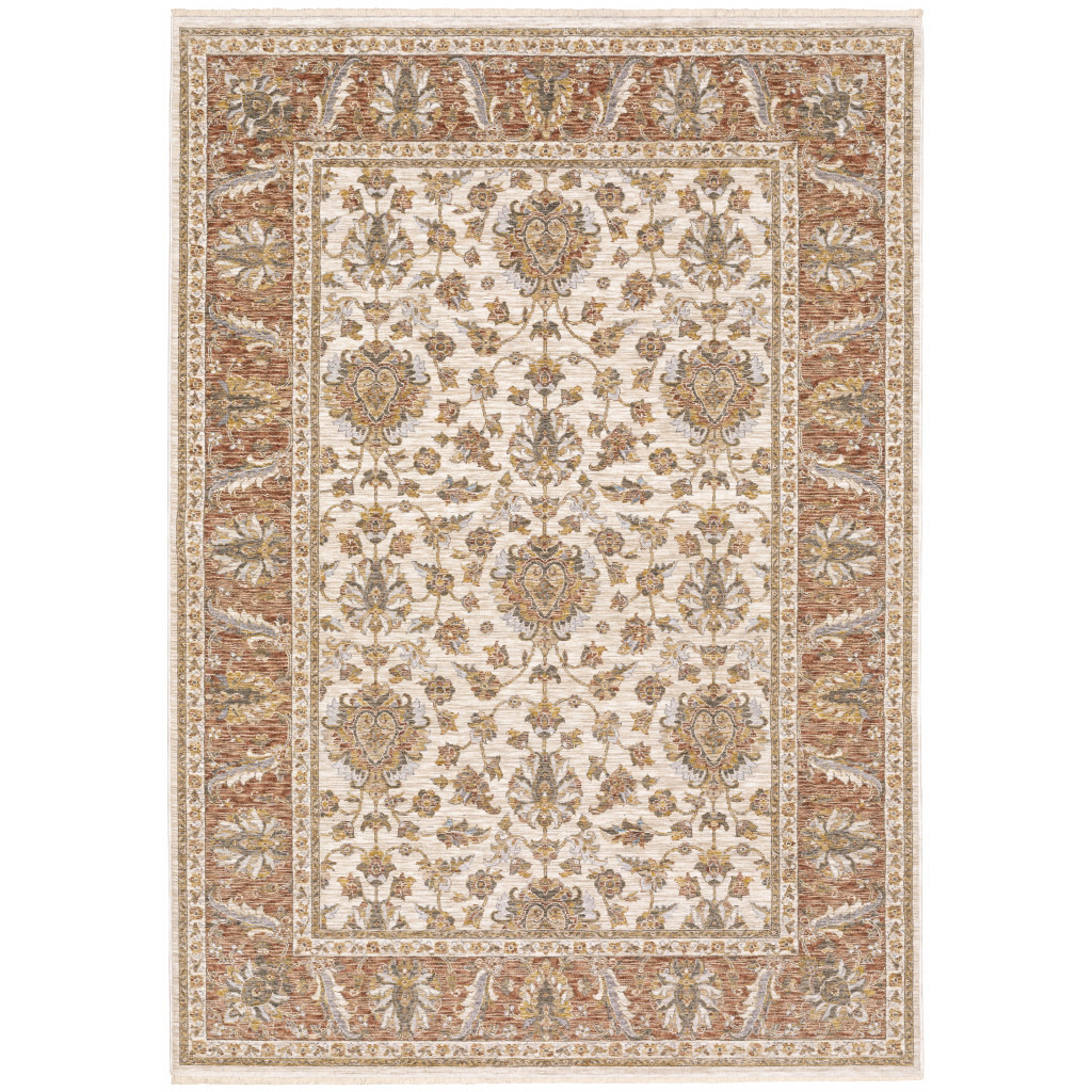 3 X 5 Rust And Ivory Oriental Power Loom Stain Resistant Area Rug With Fringe