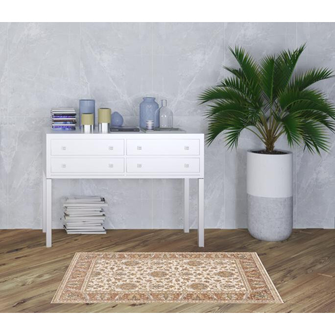 3 X 5 Rust And Ivory Oriental Power Loom Stain Resistant Area Rug With Fringe