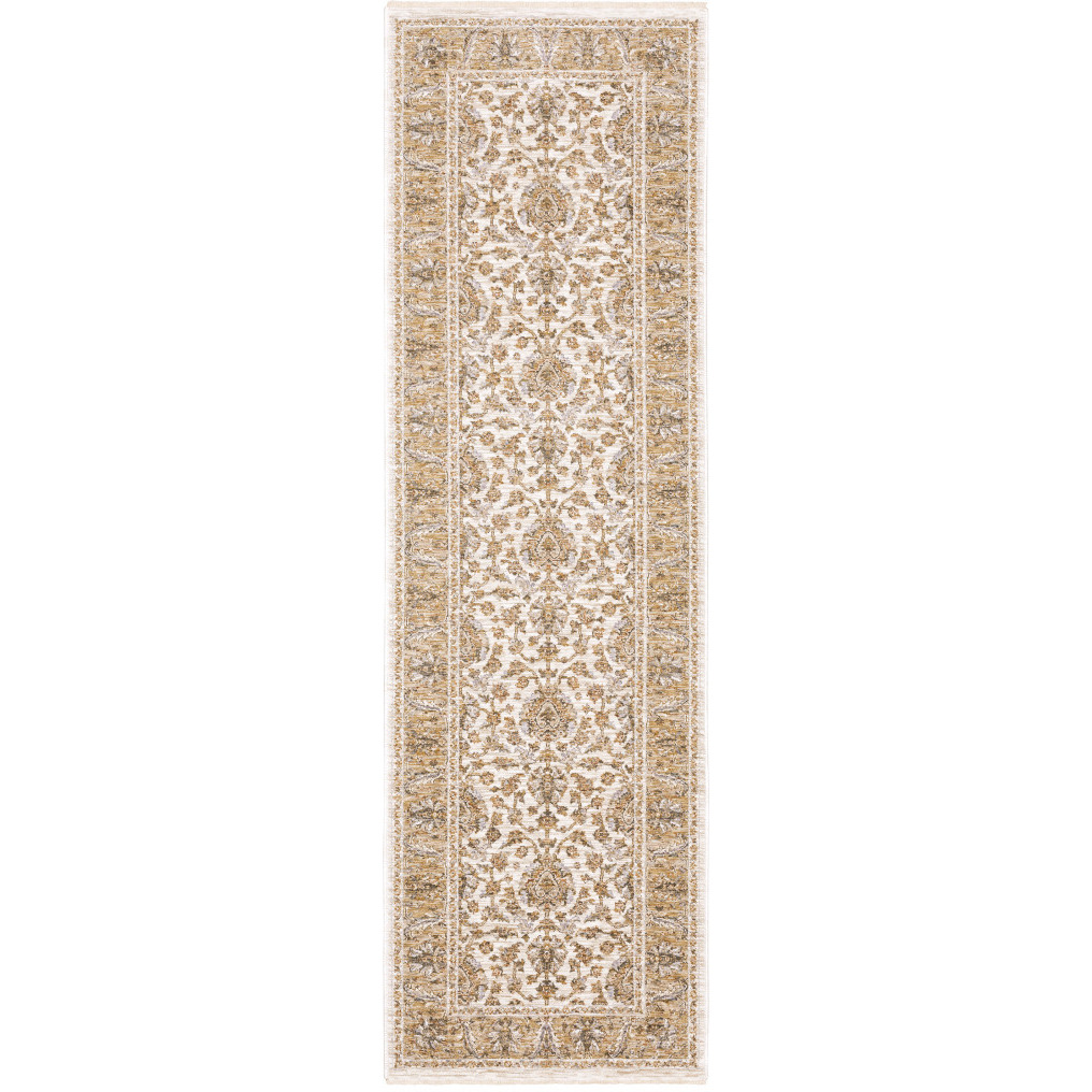 2 X 8 Ivory And gold Oriental Power Loom Stain Resistant Runner Rug With Fringe