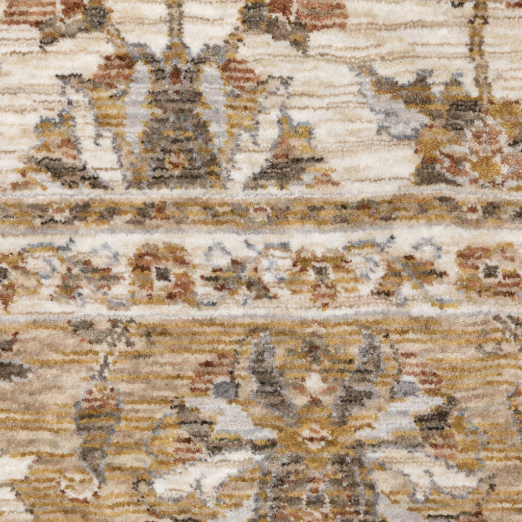 2 X 8 Ivory And gold Oriental Power Loom Stain Resistant Runner Rug With Fringe