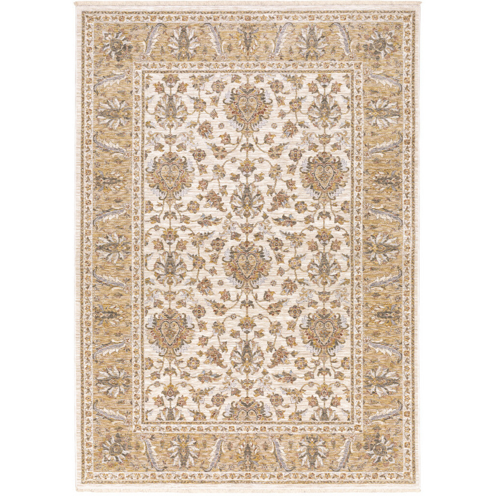 2 X 3 Ivory And gold Oriental Power Loom Stain Resistant Area Rug With Fringe