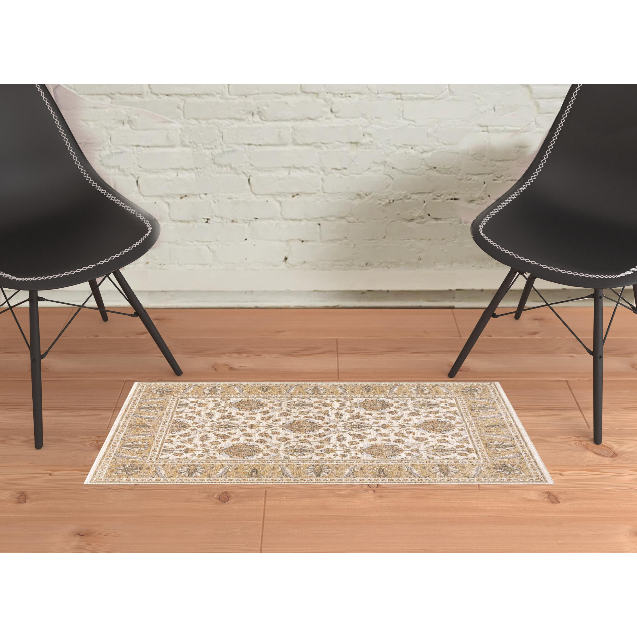 2 X 3 Ivory And gold Oriental Power Loom Stain Resistant Area Rug With Fringe