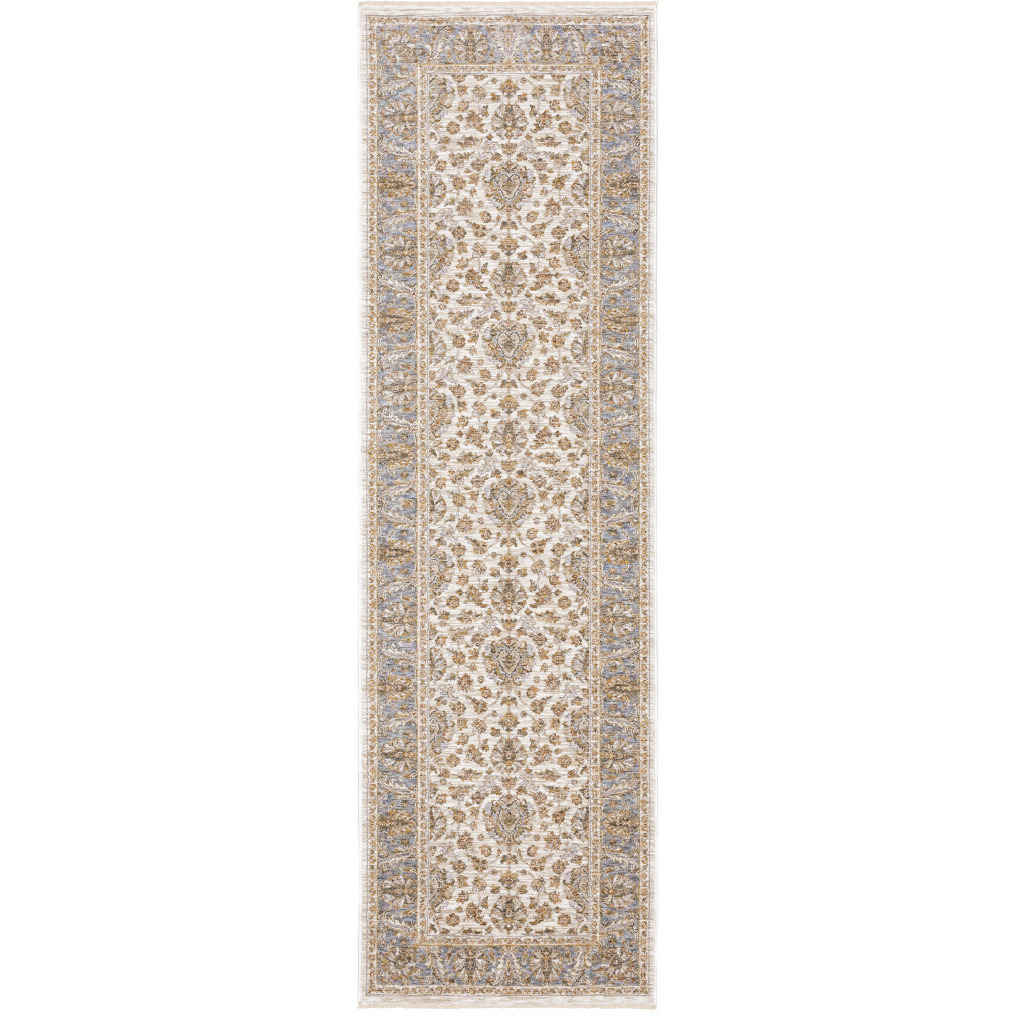 2 X 8 Ivory And Blue Oriental Power Loom Stain Resistant Runner Rug With Fringe