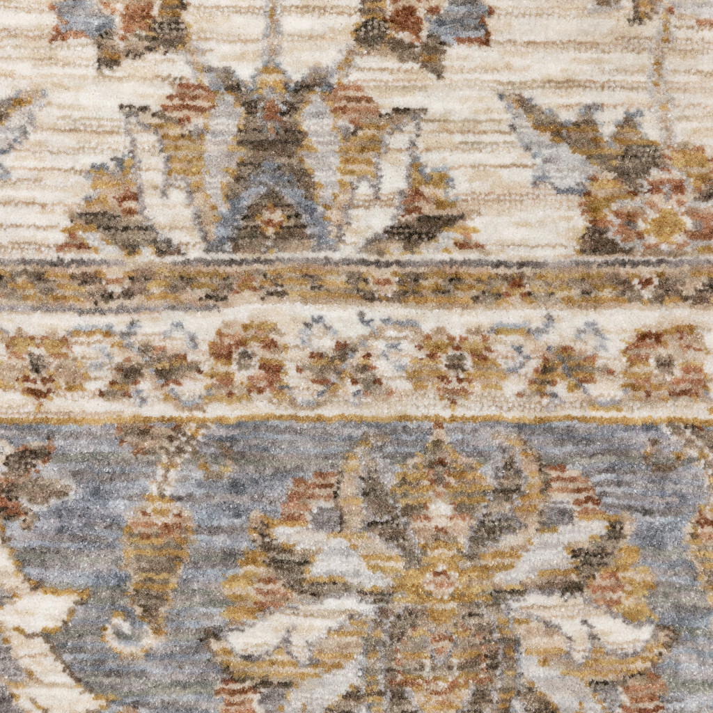 2 X 8 Ivory And Blue Oriental Power Loom Stain Resistant Runner Rug With Fringe