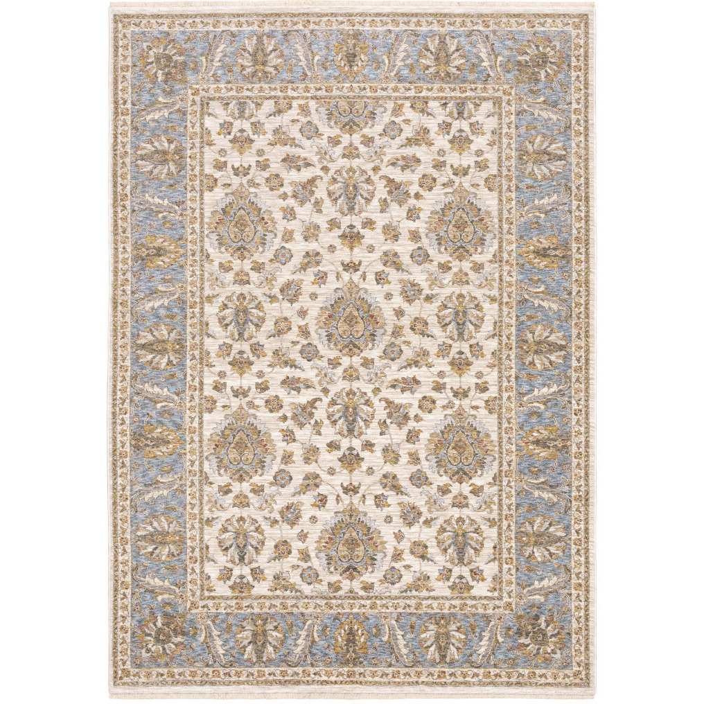 2 X 3 Ivory And Blue Oriental Power Loom Stain Resistant Area Rug With Fringe