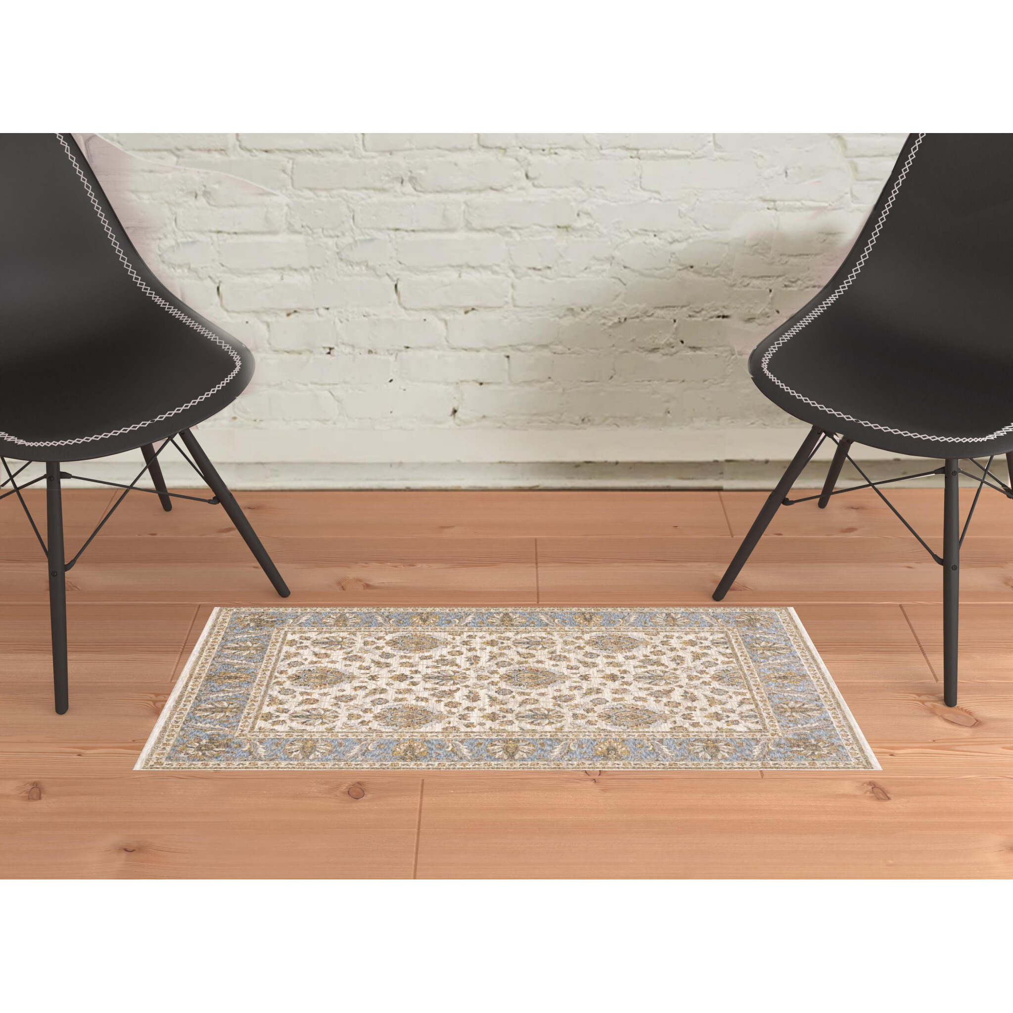 2 X 3 Ivory And Blue Oriental Power Loom Stain Resistant Area Rug With Fringe