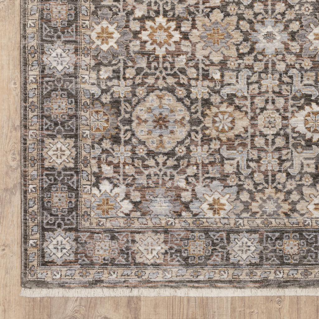 2 X 8 grey And Ivory Oriental Power Loom Stain Resistant Runner Rug With Fringe