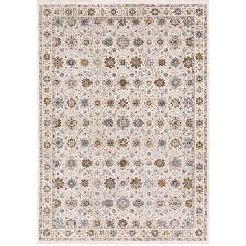 2 X 3 Ivory And gold Oriental Power Loom Stain Resistant Area Rug With Fringe