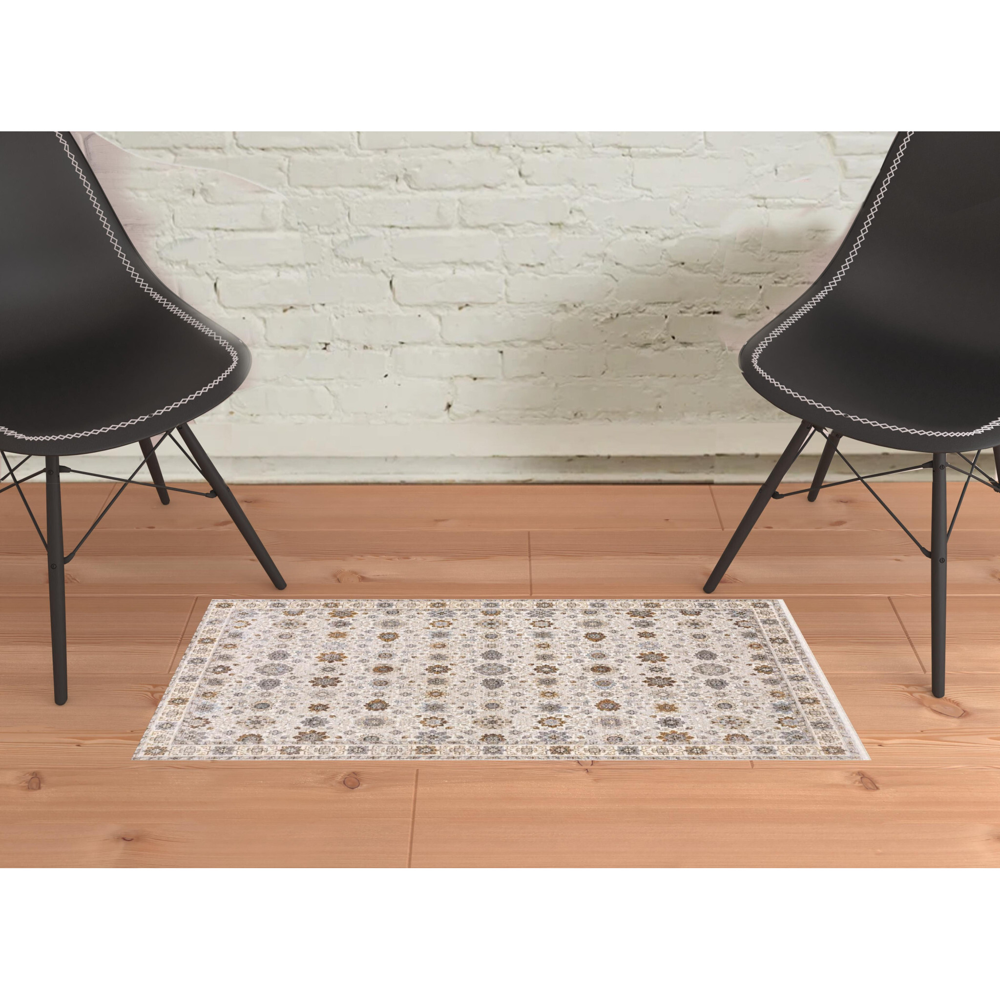 2 X 3 Ivory And gold Oriental Power Loom Stain Resistant Area Rug With Fringe