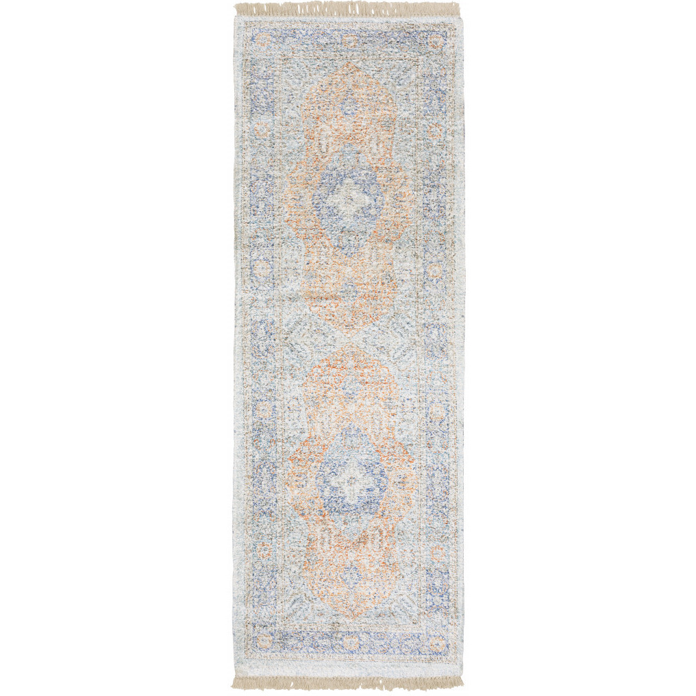 2 X 8 Blue And Red Oriental Hand Loomed Stain Resistant Runner Rug With Fringe