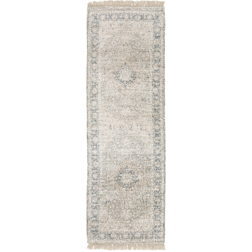 2 X 8 Beige And grey Oriental Hand Loomed Stain Resistant Runner Rug With Fringe