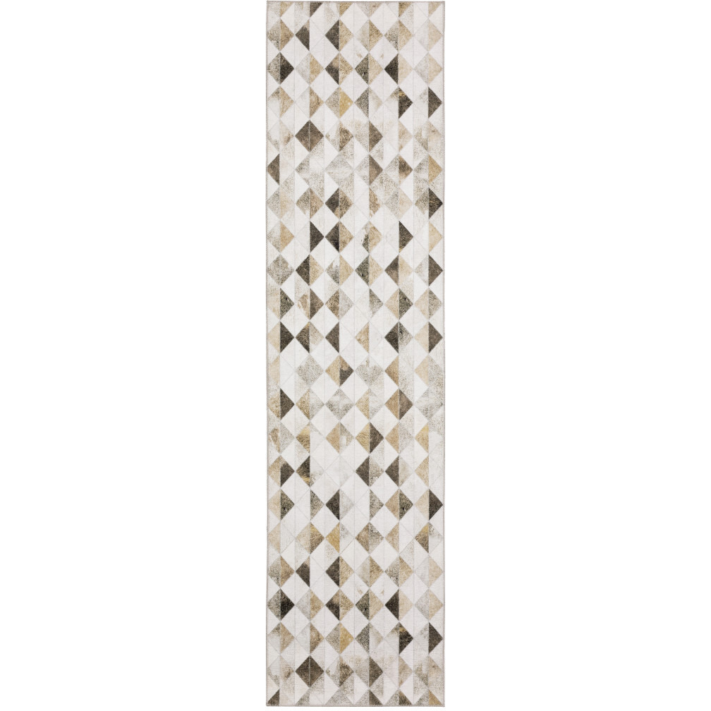 2 X 8 Beige Brown grey And Ivory geometric Power Loom Stain Resistant Runner Rug