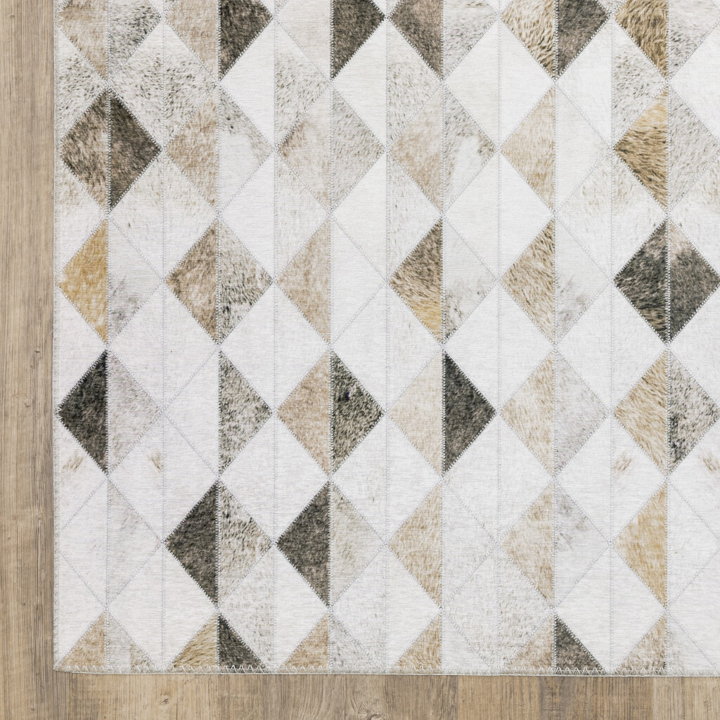 2 X 8 Beige Brown grey And Ivory geometric Power Loom Stain Resistant Runner Rug