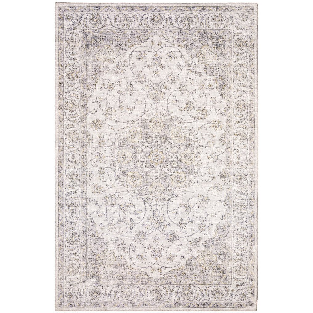 5 X 7 Beige gold And grey Oriental Power Loom Stain Resistant Area Rug