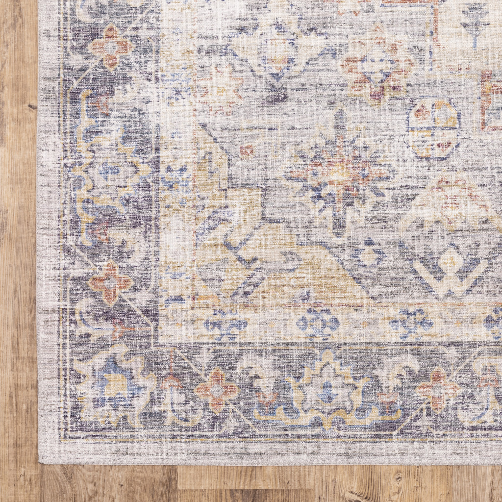 5 X 7 Blue gold grey Orange Yellow And Purple Oriental Power Loom Stain Resistant Area Rug
