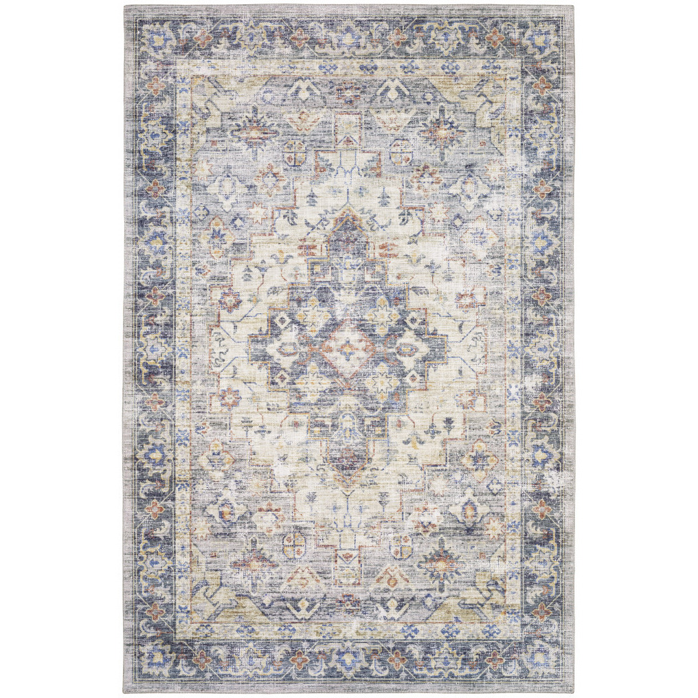 5 X 7 Blue gold grey Orange Yellow And Purple Oriental Power Loom Stain Resistant Area Rug