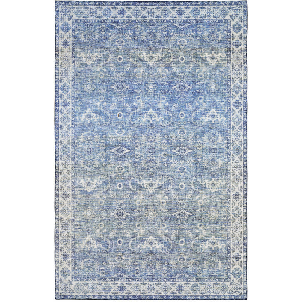 5 X 7 Blue And grey Oriental Power Loom Stain Resistant Area Rug