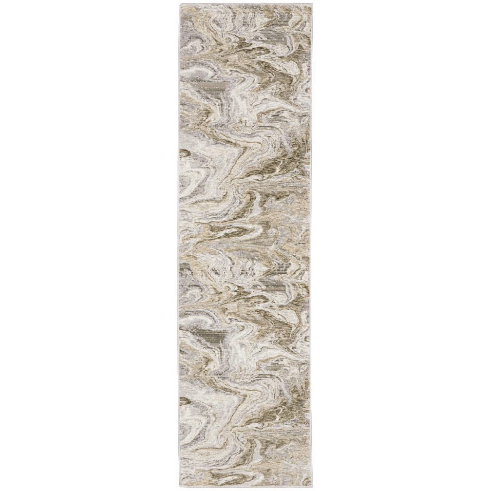 2 X 8 Ivory Tan Beige grey And Brown Abstract Power Loom Stain Resistant Runner Rug