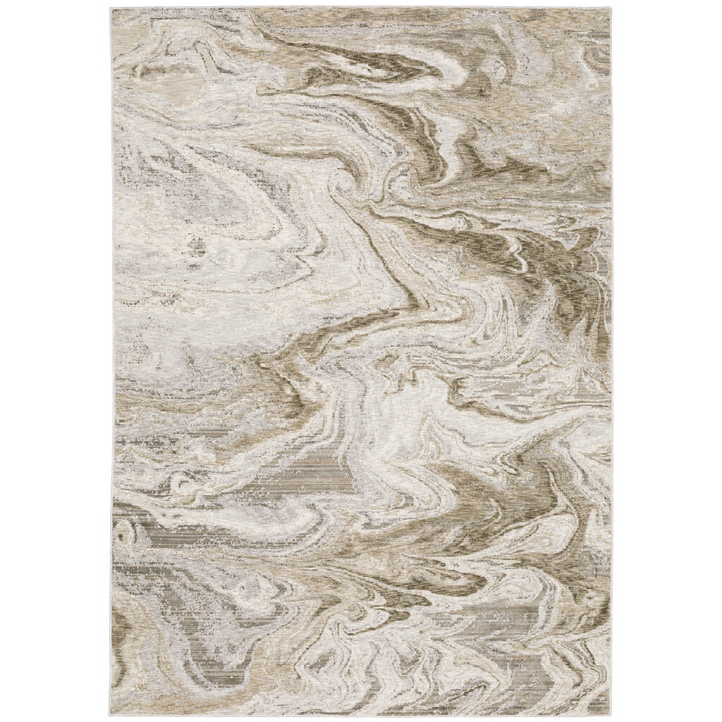 5 X 8 Ivory Tan Beige grey And Brown Abstract Power Loom Stain Resistant Area Rug