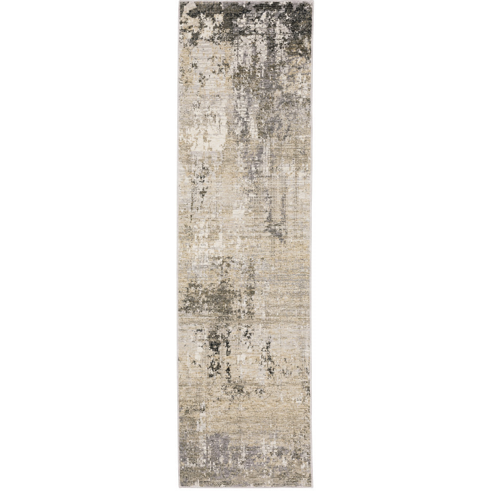 2 X 8 Beige grey Ivory Tan And Brown Abstract Power Loom Stain Resistant Runner Rug