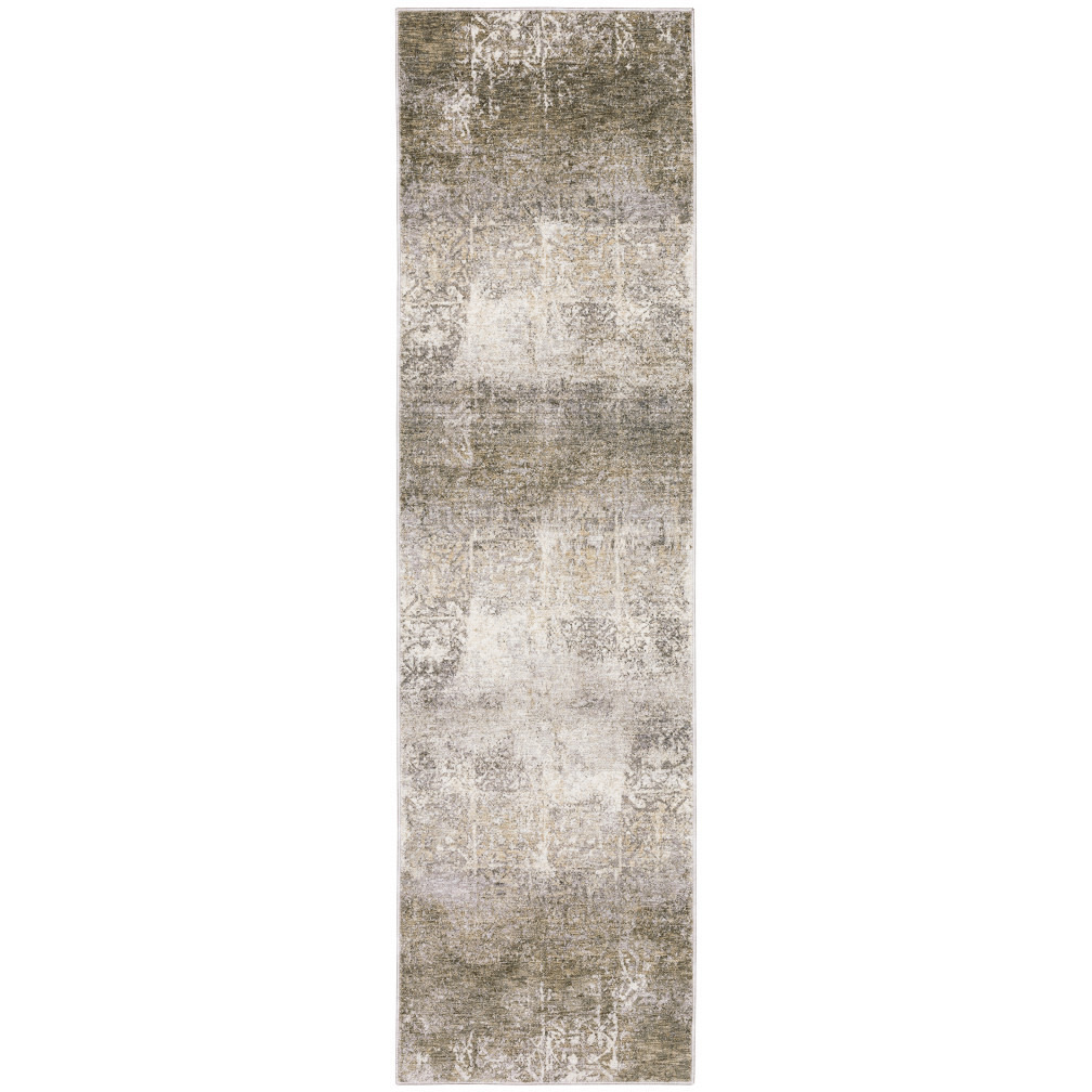2 X 8 Ivory grey Tan Brown And Beige Abstract Power Loom Stain Resistant Runner Rug