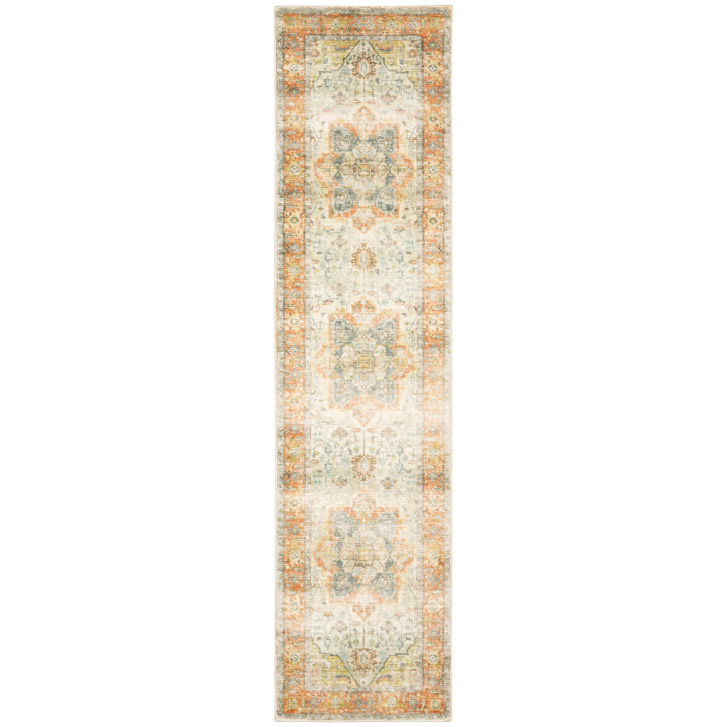 2 X 8 Blue And Orange Abstract Power Loom Stain Resistant Runner Rug