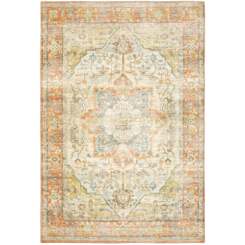 5 X 7 Orange Silver gold And grey Abstract Power Loom Stain Resistant Area Rug