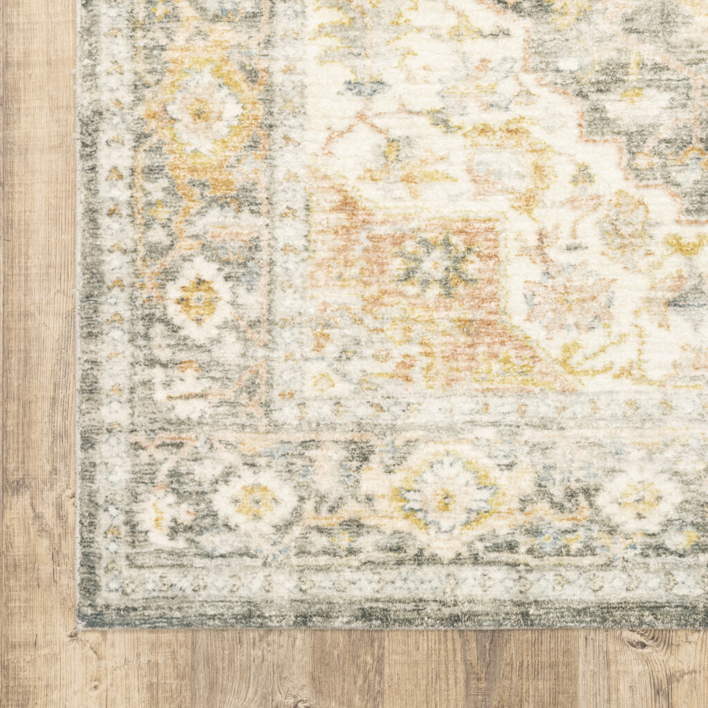5 X 7 grey gold Orange And Ivory Oriental Power Loom Stain Resistant Area Rug