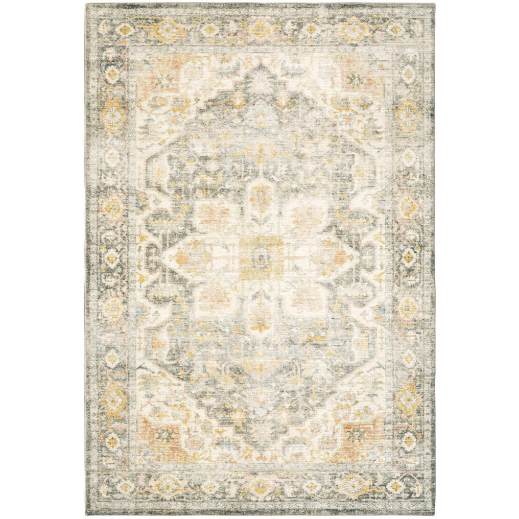 5 X 7 grey gold Orange And Ivory Oriental Power Loom Stain Resistant Area Rug