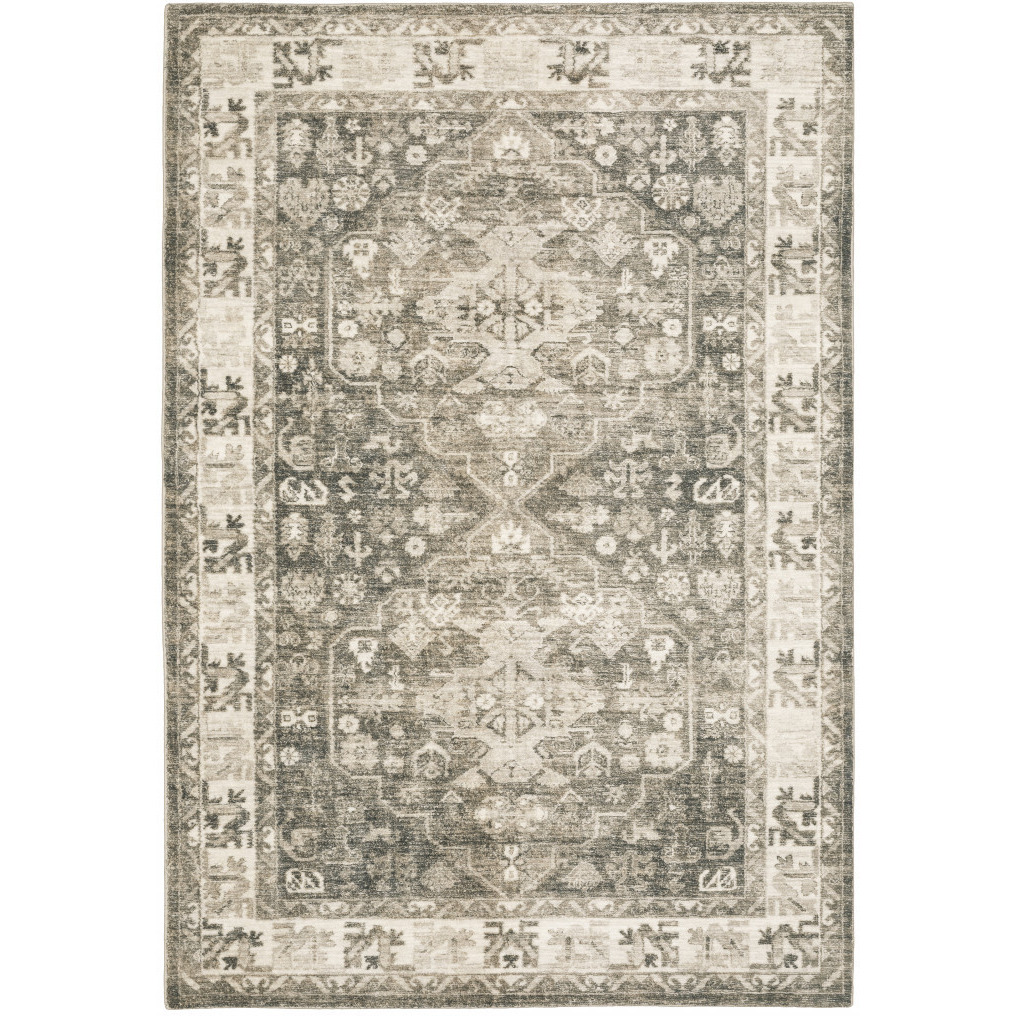 5 X 7 grey Ivory Tan And Beige Oriental Power Loom Stain Resistant Area Rug