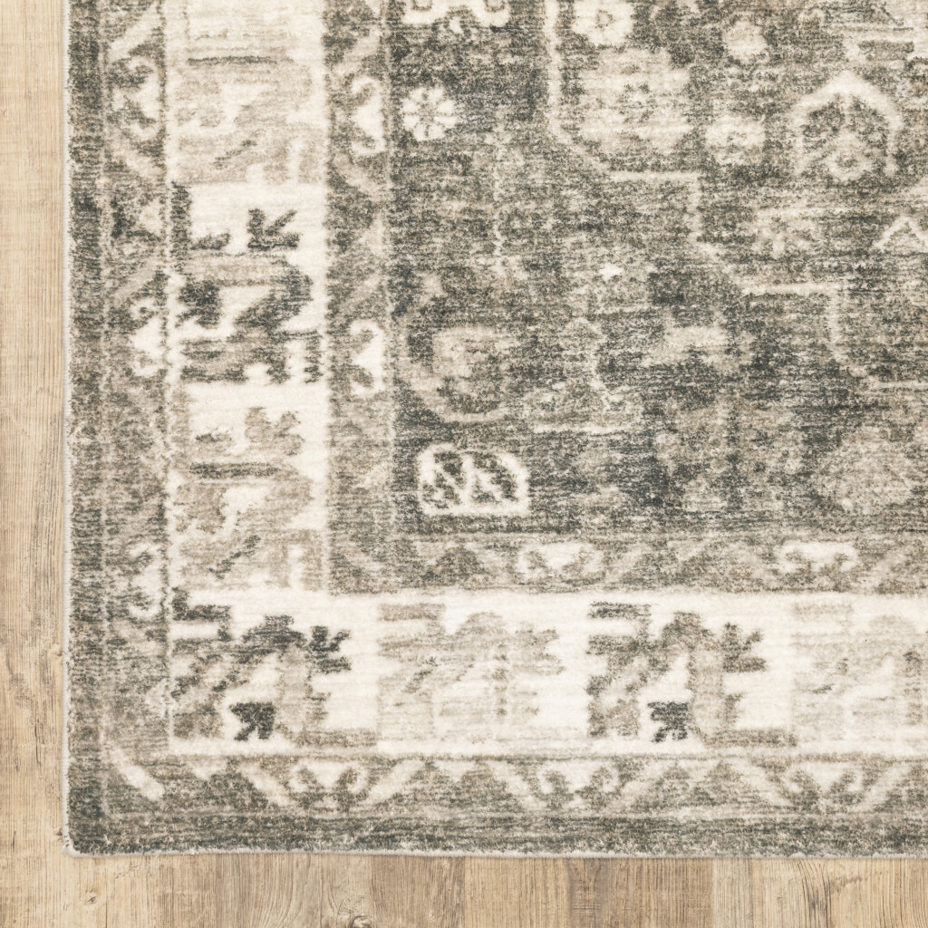 5 X 7 grey Ivory Tan And Beige Oriental Power Loom Stain Resistant Area Rug