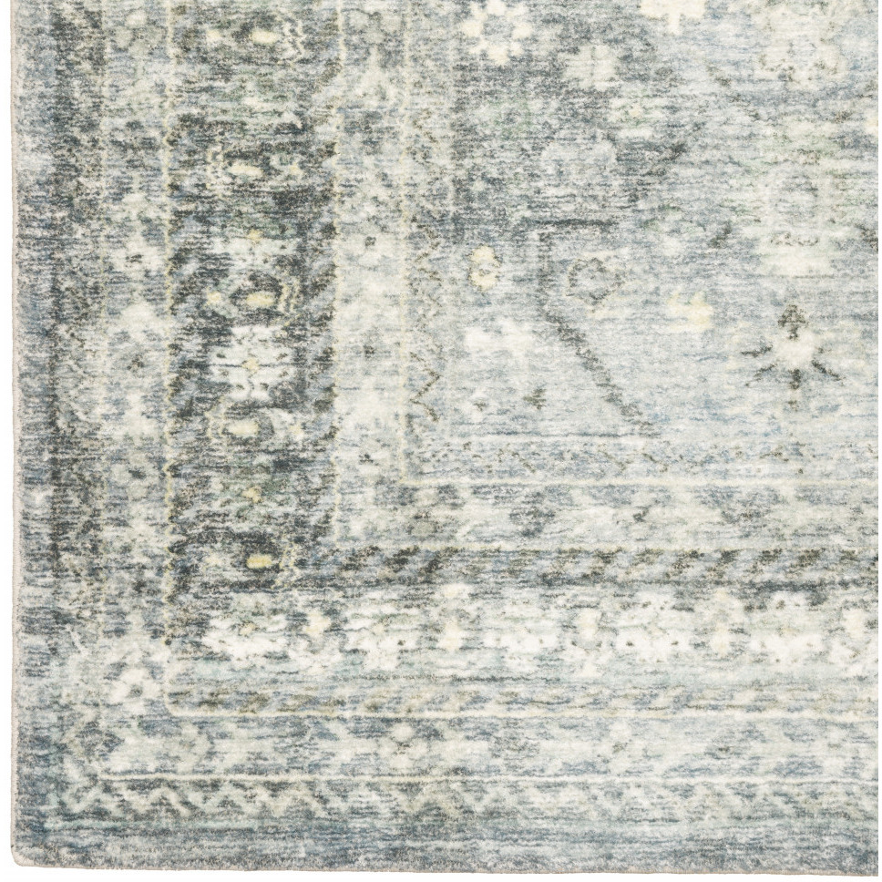 5 X 7 Blue Ivory And grey Oriental Power Loom Stain Resistant Area Rug