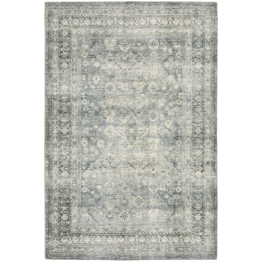 5 X 7 Blue Ivory And grey Oriental Power Loom Stain Resistant Area Rug