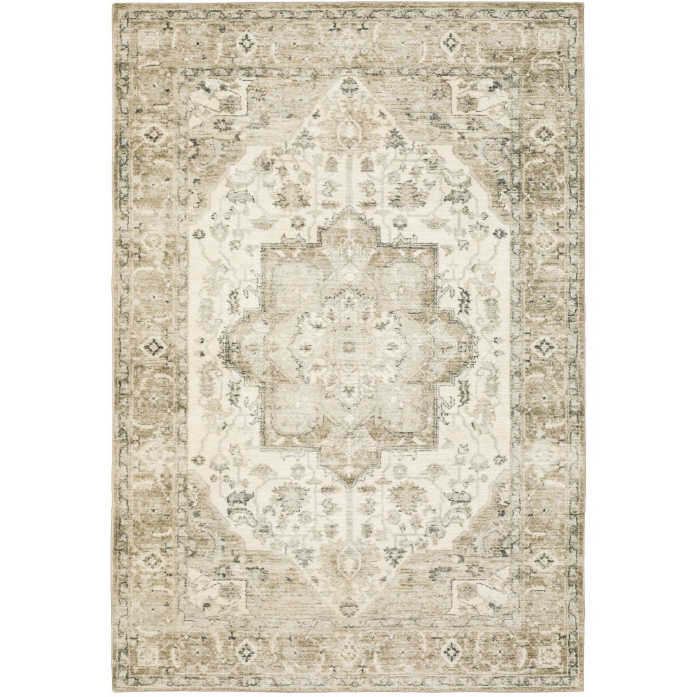 5 X 7 Tan Ivory grey And Beige Oriental Power Loom Stain Resistant Area Rug