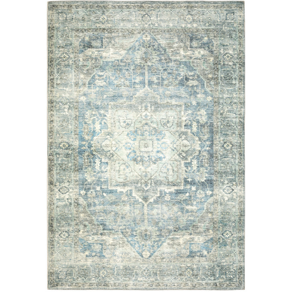 5 X 7 grey Blue And Ivory Oriental Power Loom Stain Resistant Area Rug