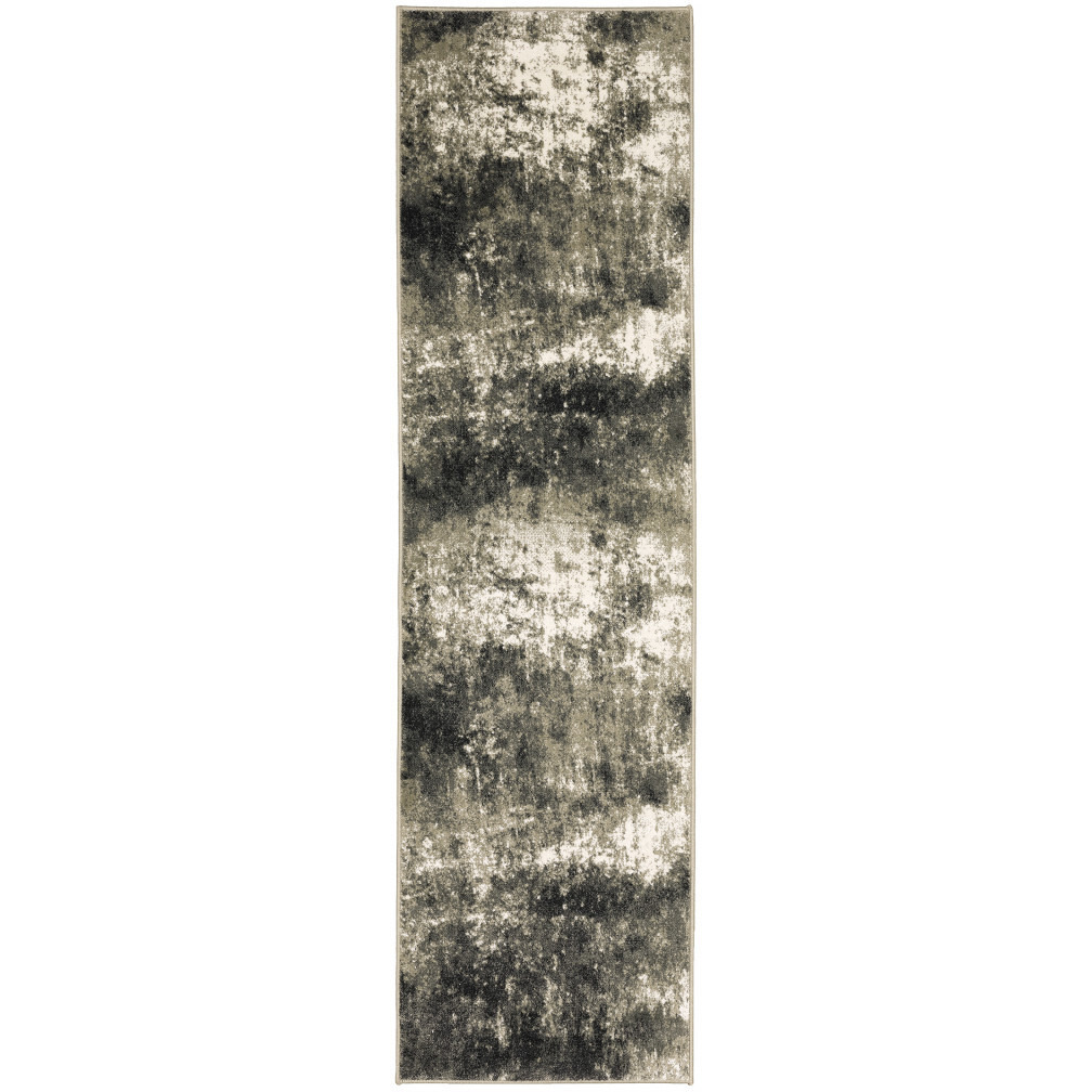2 X 8 charcoal grey And Beige Abstract Power Loom Stain Resistant Runner Rug