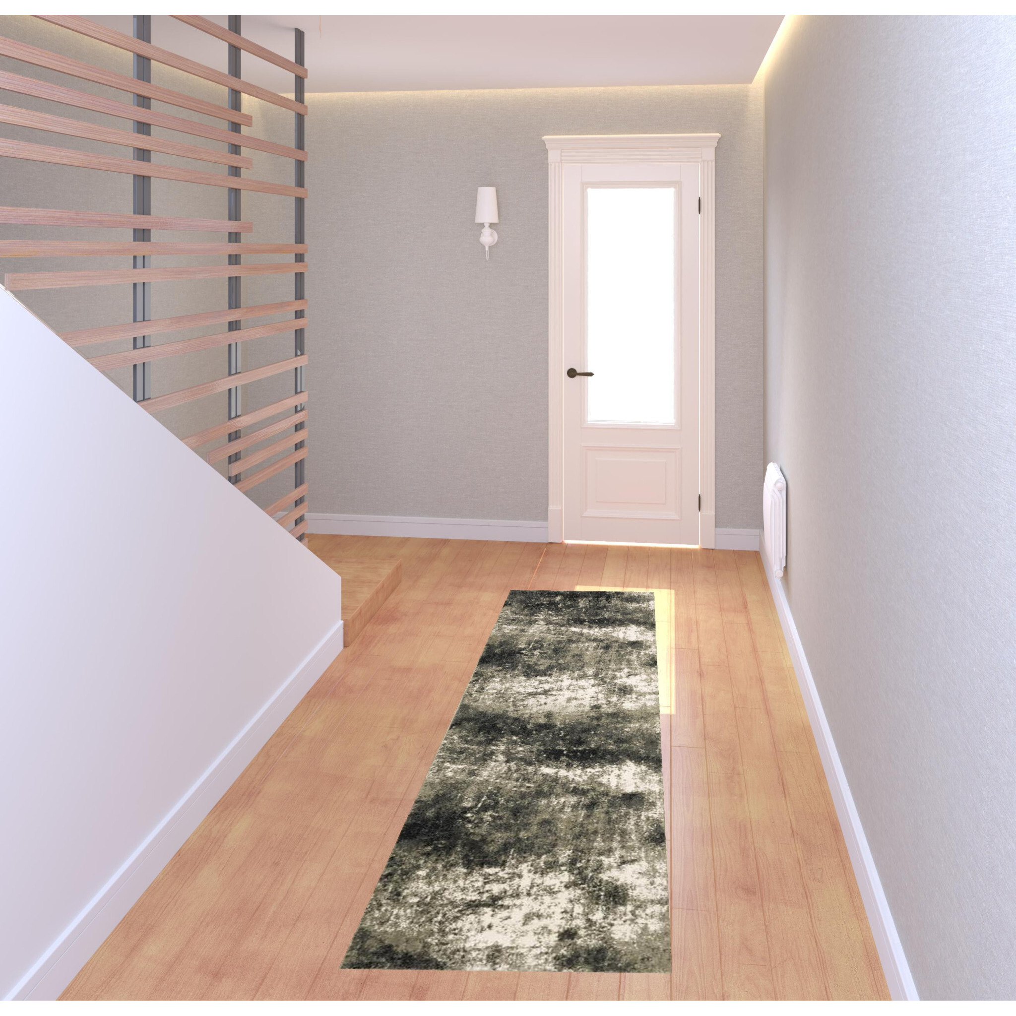 2 X 8 charcoal grey And Beige Abstract Power Loom Stain Resistant Runner Rug