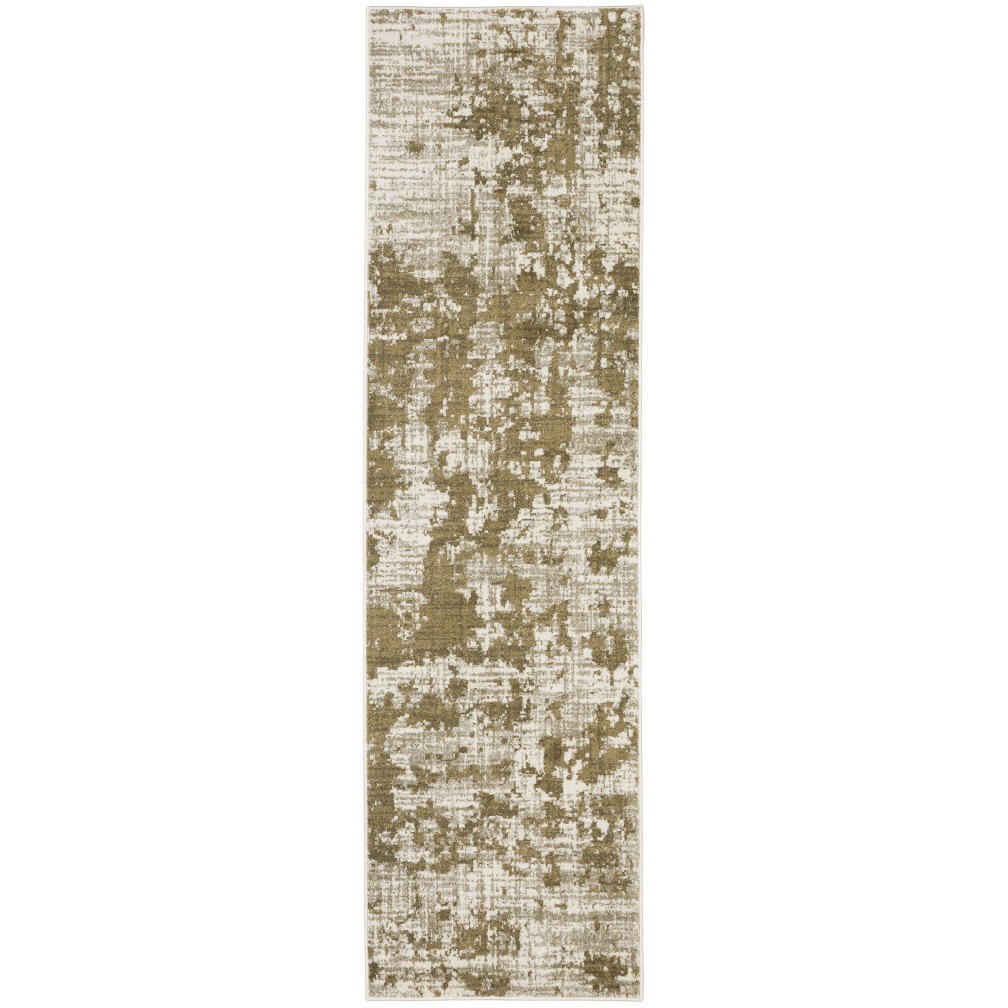 2 X 8 Beige gold And grey Abstract Power Loom Stain Resistant Runner Rug