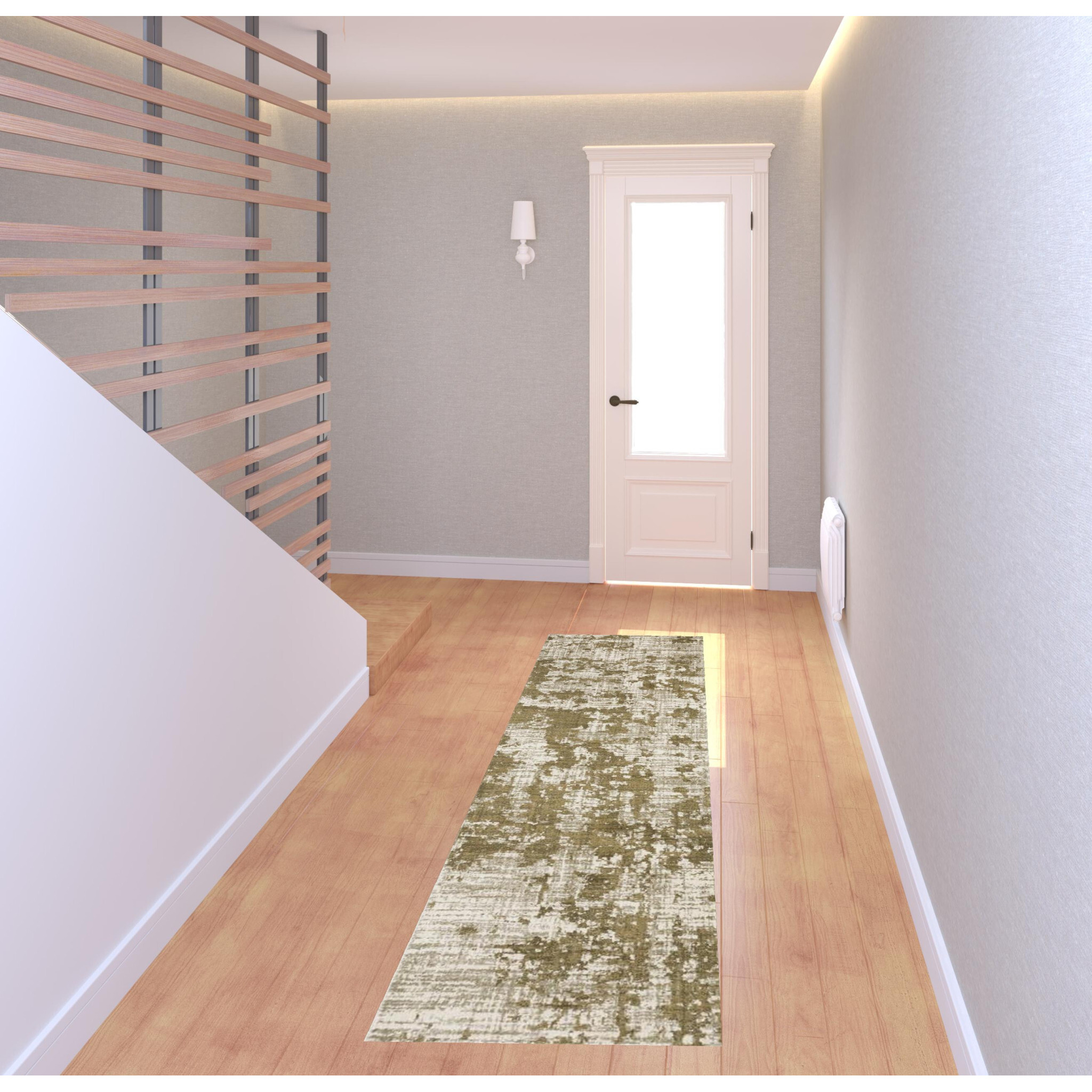 2 X 8 Beige gold And grey Abstract Power Loom Stain Resistant Runner Rug