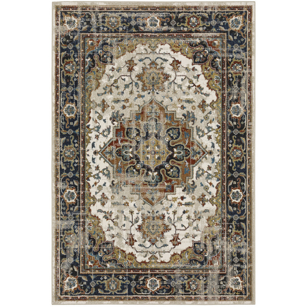 5 X 7 Beige Blue green Rust And grey Oriental Power Loom Stain Resistant Area Rug