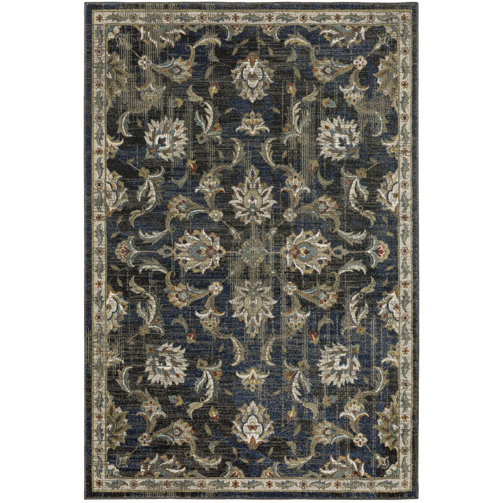 5 X 7 charcoal Blue gold Rust And Beige Oriental Power Loom Stain Resistant Area Rug