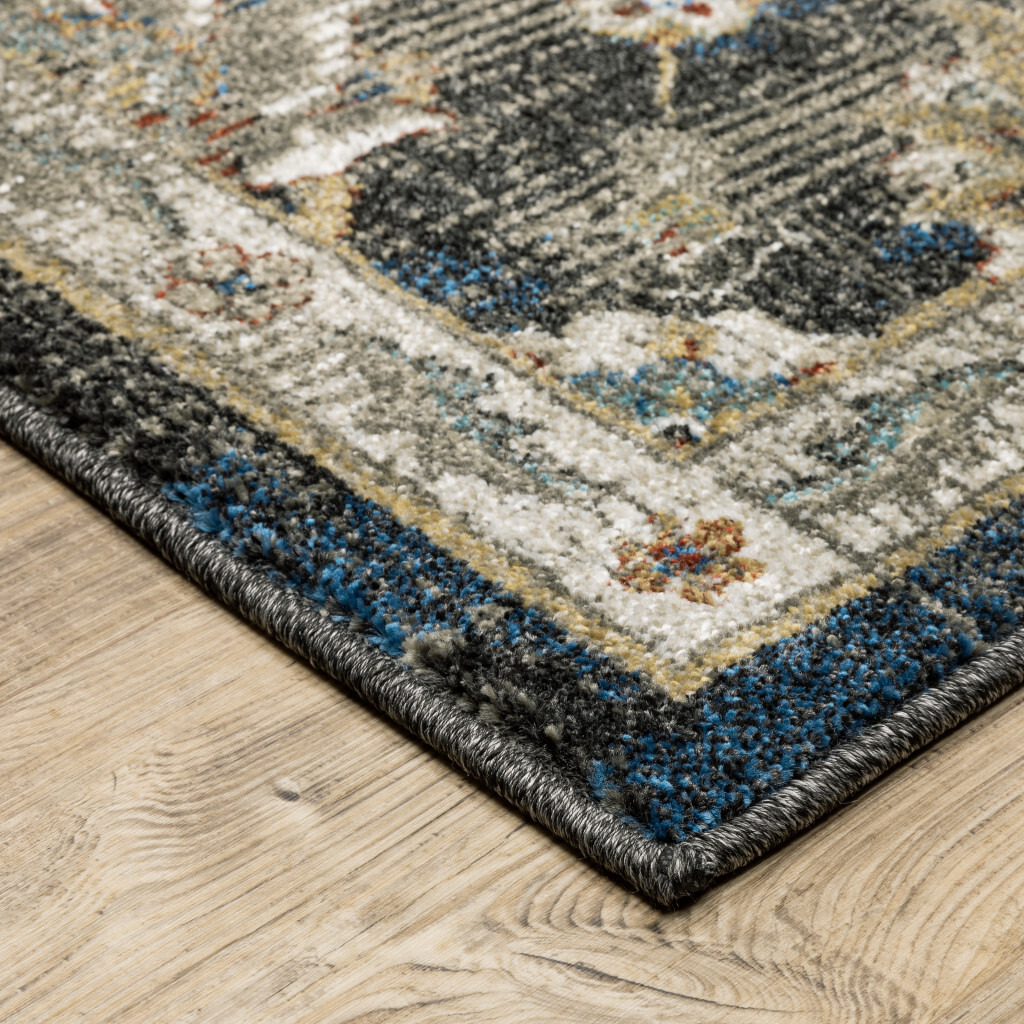 5 X 7 charcoal Blue gold Rust And Beige Oriental Power Loom Stain Resistant Area Rug