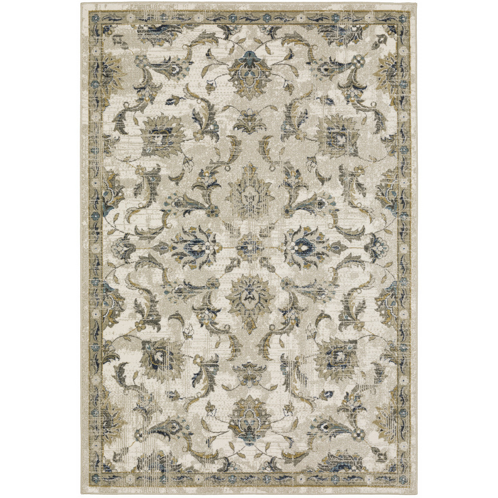 5 X 7 Beige gold Blue And grey Oriental Power Loom Stain Resistant Area Rug