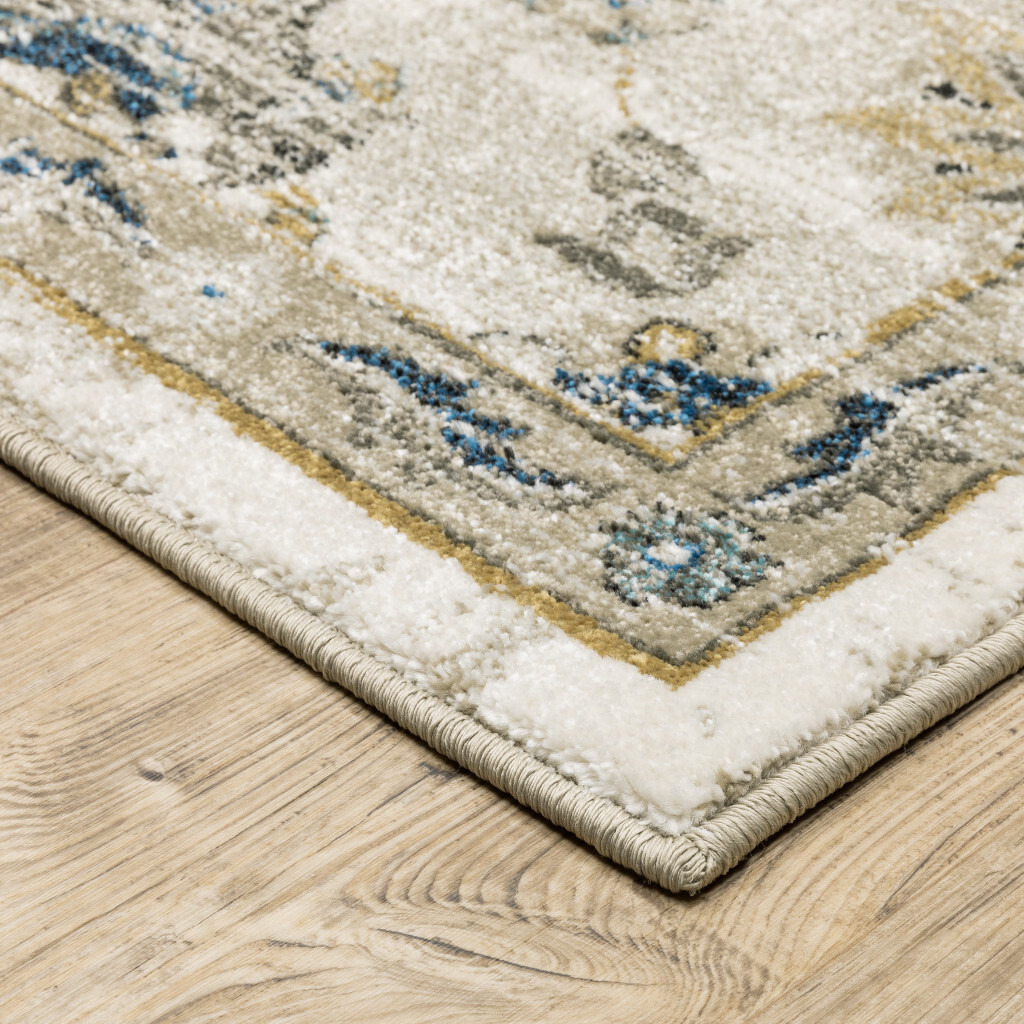5 X 7 Beige gold Blue And grey Oriental Power Loom Stain Resistant Area Rug