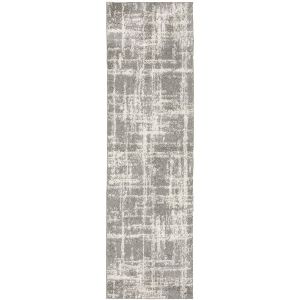 2 X 8 grey And Ivory Abstract Shag Power Loom Stain Resistant Runner Rug